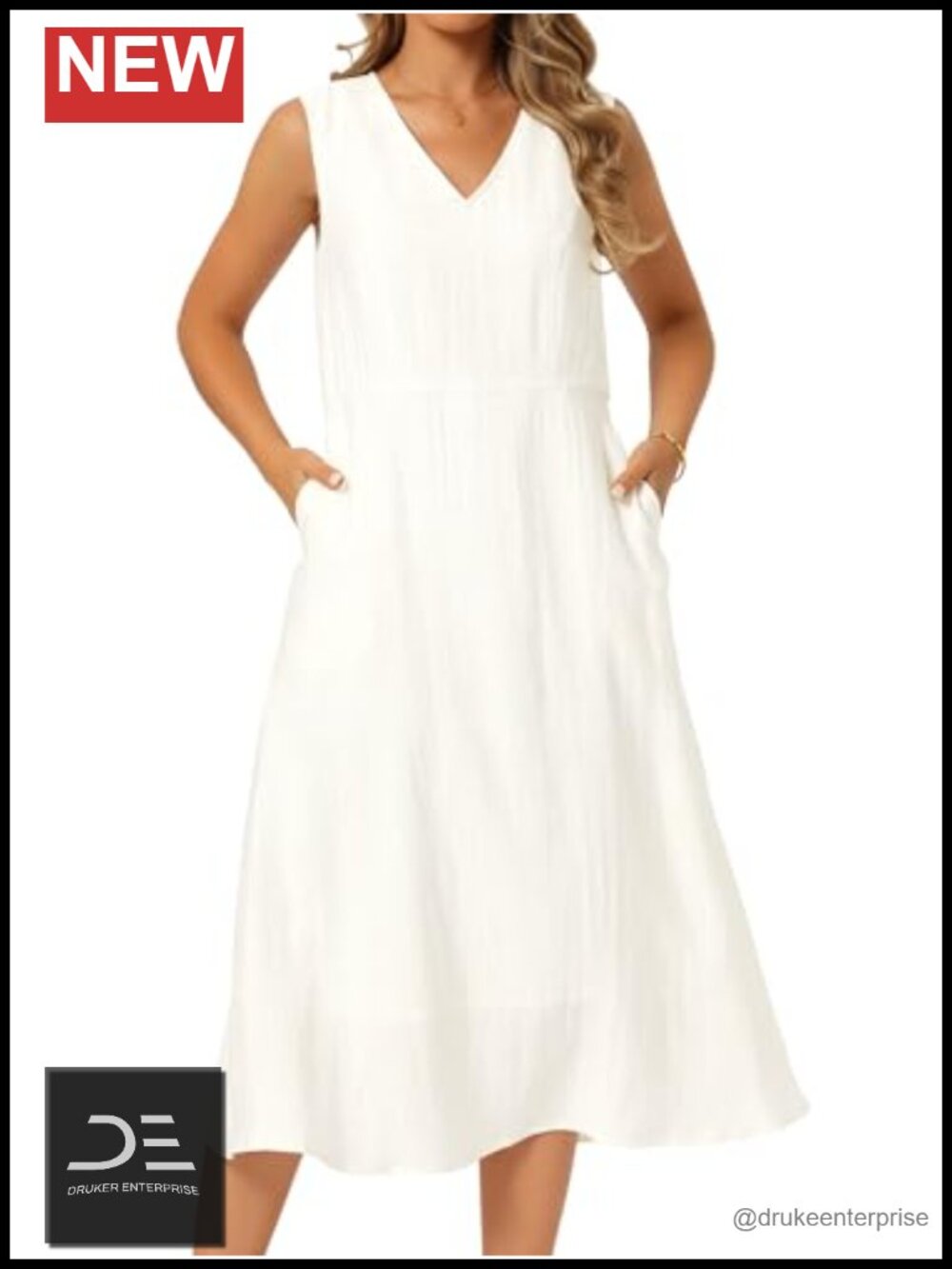 Linen Casual Sleeveless V-Neck A-Line Midi Dress with Pockets